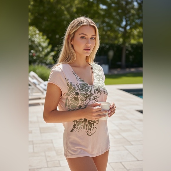 Calvin Klein Top Pink Butterfly Paisley Short Sleeve Casual Chic Style Large - Picture 3 of 8